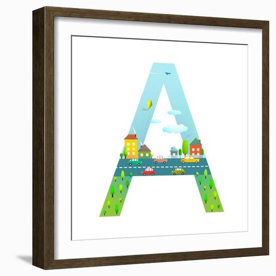 Letter A of the Latin Alphabet for Children. Fun Alphabet Letter for Boys and Girls with City, Hous-Popmarleo-Framed Premium Giclee Print