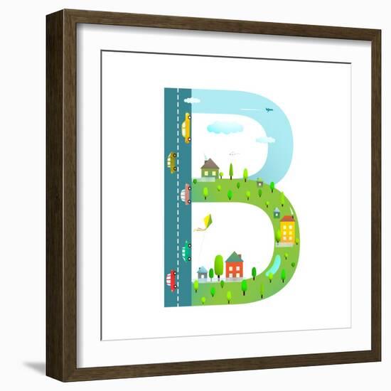 Letter B of the Latin Alphabet for Kids. Fun Alphabet Letter for Children Boys and Girls with City,-Popmarleo-Framed Art Print