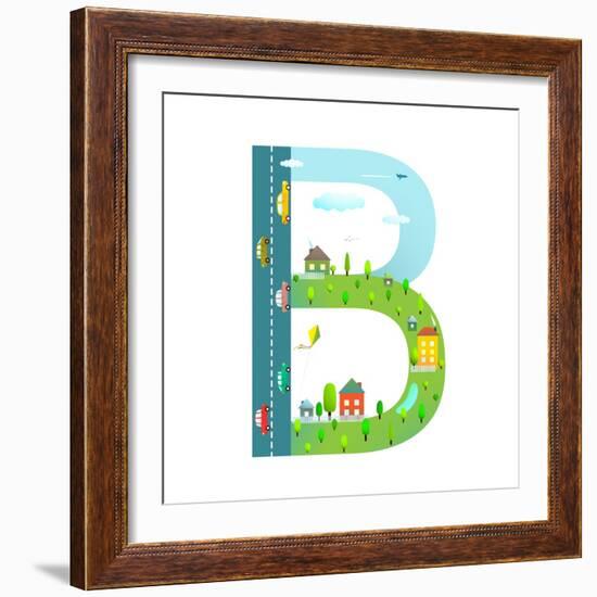 Letter B of the Latin Alphabet for Kids. Fun Alphabet Letter for Children Boys and Girls with City,-Popmarleo-Framed Art Print