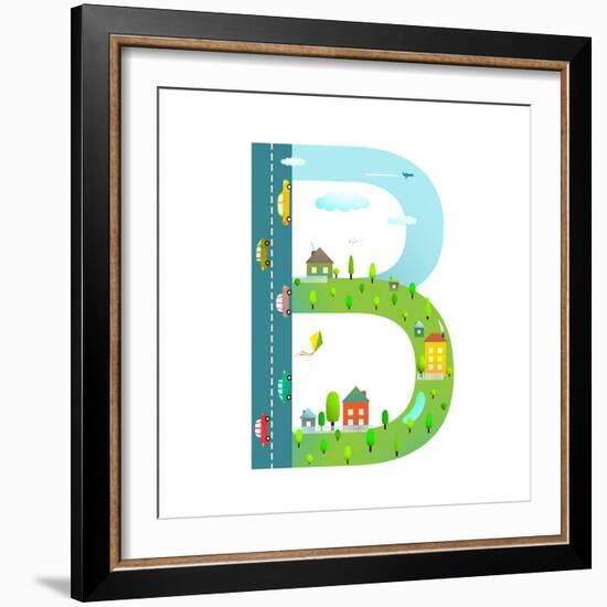 Letter B of the Latin Alphabet for Kids. Fun Alphabet Letter for Children Boys and Girls with City,-Popmarleo-Framed Art Print