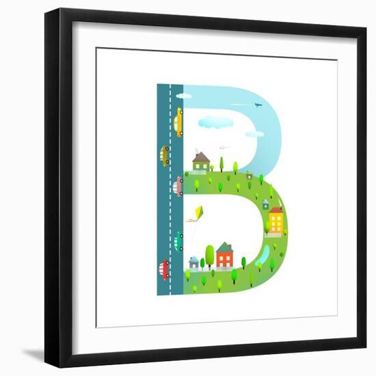 Letter B of the Latin Alphabet for Kids. Fun Alphabet Letter for Children Boys and Girls with City,-Popmarleo-Framed Art Print