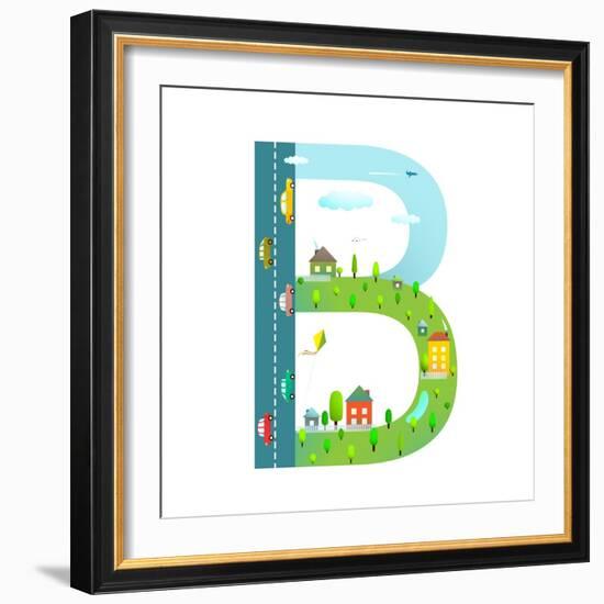 Letter B of the Latin Alphabet for Kids. Fun Alphabet Letter for Children Boys and Girls with City,-Popmarleo-Framed Art Print