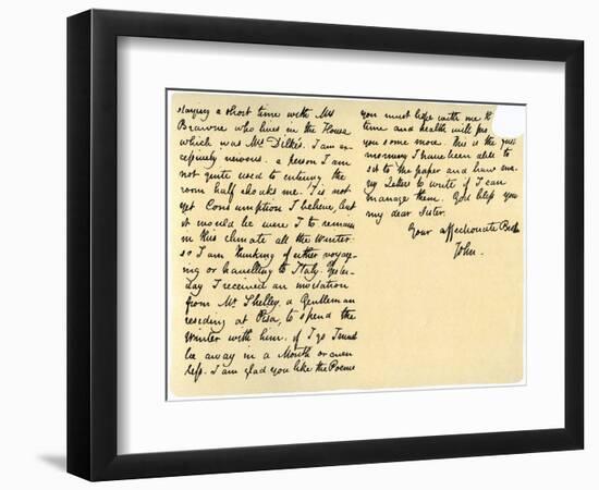 Letter from John Keats to His Sister, Fanny Keats, 14th August 1820-John Keats-Framed Premium Giclee Print