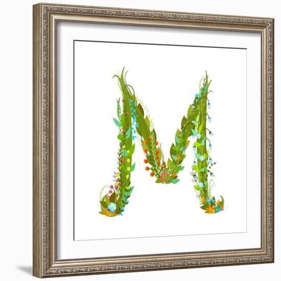 Letter M Flower Calligraphy Floral Elegant Decorative Alphabet. Floral Colorful Calligraphy Design-Popmarleo-Framed Art Print