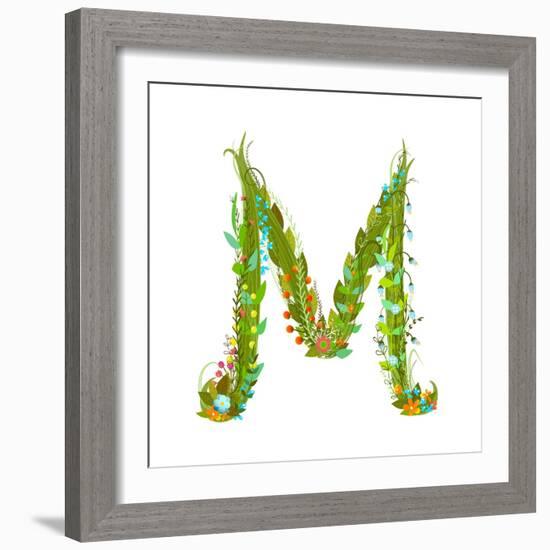 Letter M Flower Calligraphy Floral Elegant Decorative Alphabet. Floral Colorful Calligraphy Design-Popmarleo-Framed Art Print