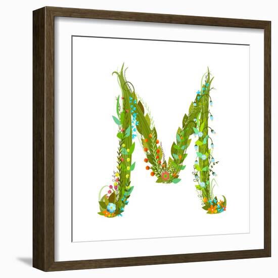 Letter M Flower Calligraphy Floral Elegant Decorative Alphabet. Floral Colorful Calligraphy Design-Popmarleo-Framed Art Print