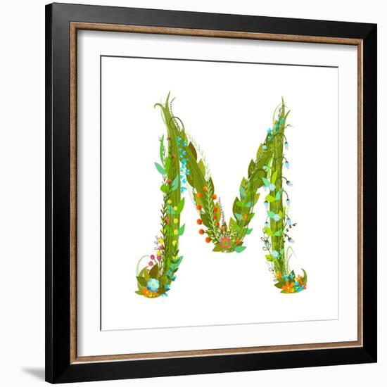 Letter M Flower Calligraphy Floral Elegant Decorative Alphabet. Floral Colorful Calligraphy Design-Popmarleo-Framed Art Print