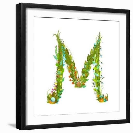 Letter M Flower Calligraphy Floral Elegant Decorative Alphabet. Floral Colorful Calligraphy Design-Popmarleo-Framed Art Print