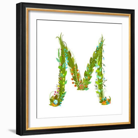 Letter M Flower Calligraphy Floral Elegant Decorative Alphabet. Floral Colorful Calligraphy Design-Popmarleo-Framed Art Print