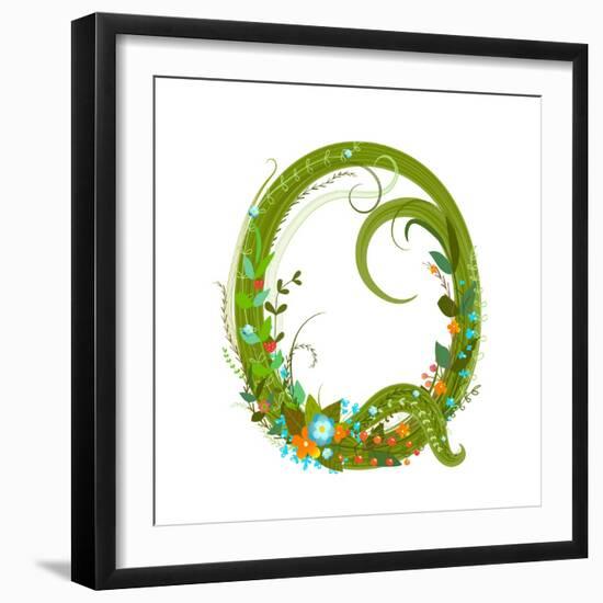 Letter Q Floral Latin Decorative Character Alphabet Lettering Sign. Colorful Hand Drawn Blooming Fl-Popmarleo-Framed Art Print