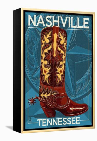 Letterpress Boot - Nashville, Tennessee-Lantern Press-Framed Stretched Canvas