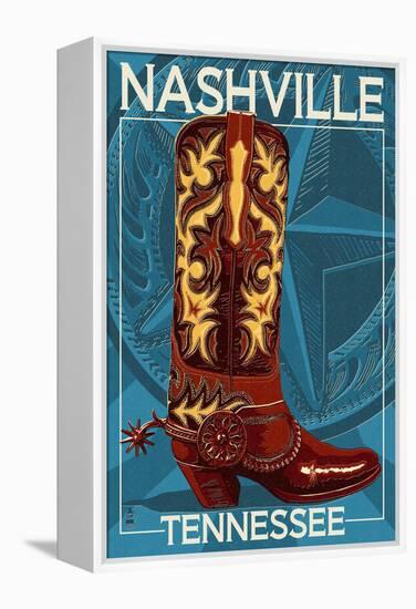 Letterpress Boot - Nashville, Tennessee-Lantern Press-Framed Stretched Canvas