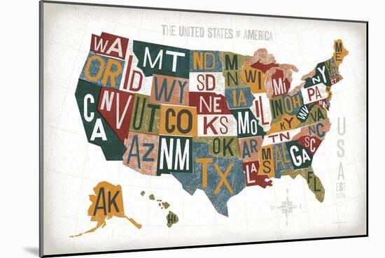 Letterpress USA Map Warm-Michael Mullan-Mounted Art Print