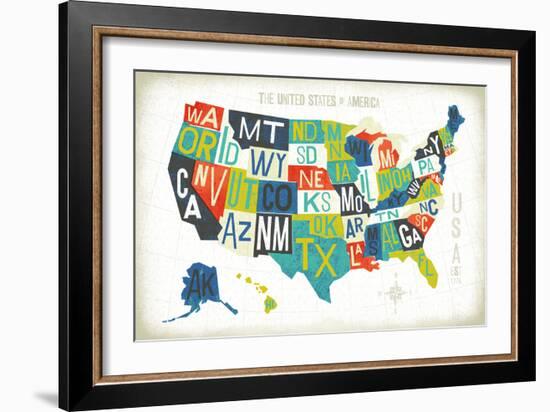 Letterpress USA Map-Michael Mullan-Framed Art Print