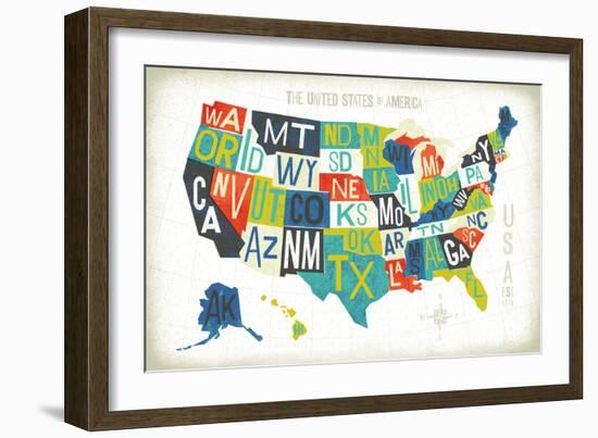 Letterpress USA Map-Michael Mullan-Framed Premium Giclee Print