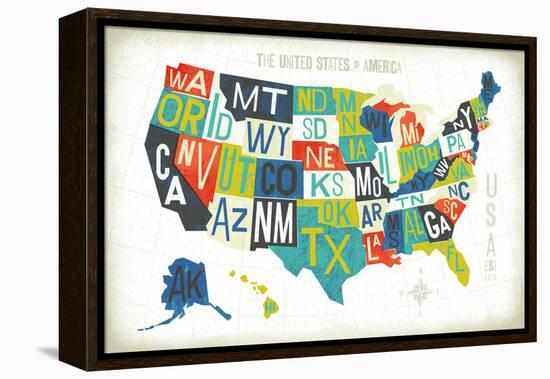 Letterpress USA Map-Michael Mullan-Framed Stretched Canvas