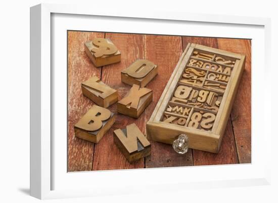 Letterpress Wood Type Blocks in a Typesetter Drawer against Rustic Red Barn Wood-PixelsAway-Framed Art Print