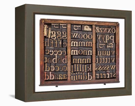 Letterpress Wood Type Printing Blocks in Old Typesetter Drawer Isolated on White-PixelsAway-Framed Stretched Canvas