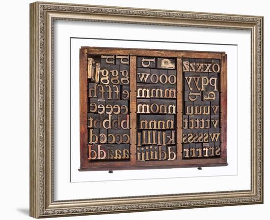 Letterpress Wood Type Printing Blocks in Old Typesetter Drawer Isolated on White-PixelsAway-Framed Art Print