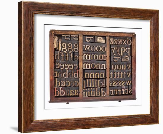 Letterpress Wood Type Printing Blocks in Old Typesetter Drawer Isolated on White-PixelsAway-Framed Art Print