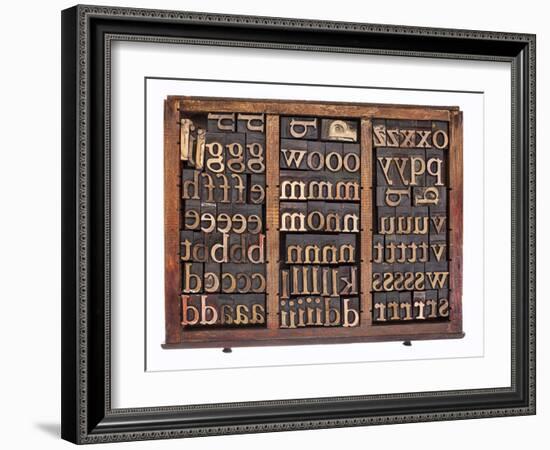 Letterpress Wood Type Printing Blocks in Old Typesetter Drawer Isolated on White-PixelsAway-Framed Art Print