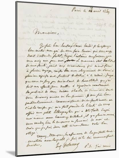 Lettre à Monsieur Albert, Paris 19 Avril 1849-Eugene Delacroix-Mounted Giclee Print