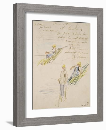 Lettre autographe; croquis de trois pêcheurs-Alfred Sisley-Framed Giclee Print