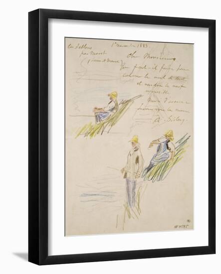 Lettre autographe; croquis de trois pêcheurs-Alfred Sisley-Framed Giclee Print