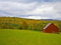 Red Barn in Green Field in Autumn-Lew Robertson-Photographic Print