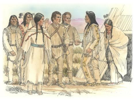 Lewis, Clark, and Sacagawea Meeting a Group of Four Indians in Front of a  Mat Lodge' Giclee Print - Roger Cooke | Art.com