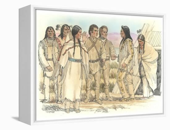 Lewis, Clark, and Sacagawea Meeting a Group of Four Indians in Front of a Mat Lodge-Roger Cooke-Framed Premier Image Canvas