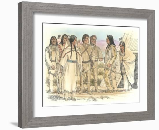 Lewis, Clark, and Sacagawea Meeting a Group of Four Indians in Front of a Mat Lodge-Roger Cooke-Framed Giclee Print