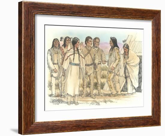 Lewis, Clark, and Sacagawea Meeting a Group of Four Indians in Front of a Mat Lodge-Roger Cooke-Framed Giclee Print