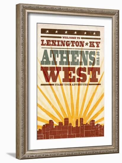 Lexington, Kentucky - Skyline and Sunburst Screenprint Style-Lantern Press-Framed Art Print