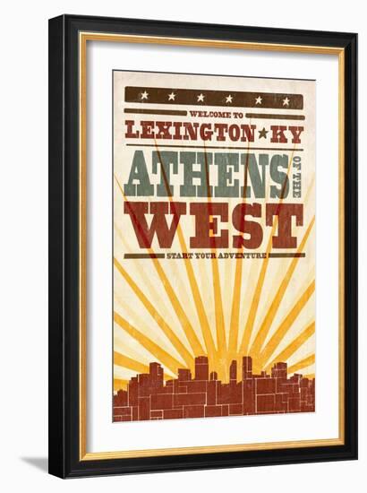 Lexington, Kentucky - Skyline and Sunburst Screenprint Style-Lantern Press-Framed Art Print