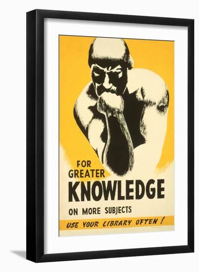 Library Poster with the Thinker--Framed Art Print