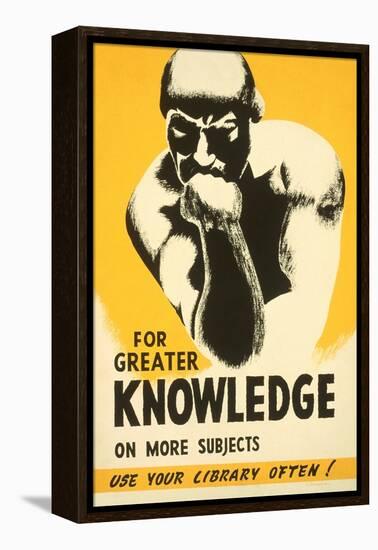 Library Poster with the Thinker-null-Framed Stretched Canvas