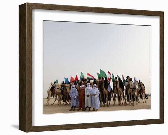 Libyan Camel Riders Holding Flags of Arab Countries Gather to Perform at Sirte Airport-null-Framed Photographic Print