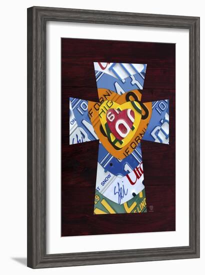 License Plate Art Heart Cross-Design Turnpike-Framed Giclee Print