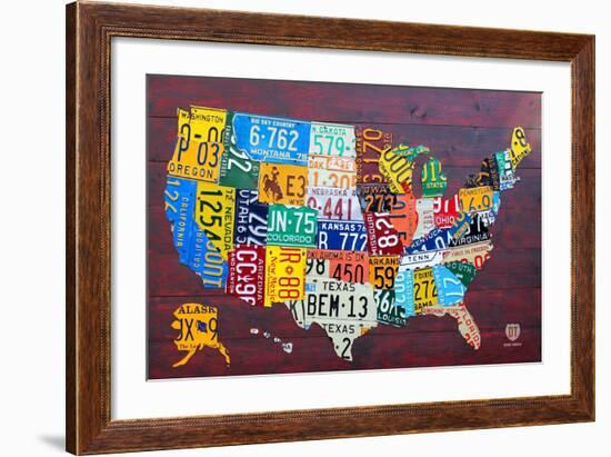 License Plate Map USA Large-Design Turnpike-Framed Giclee Print