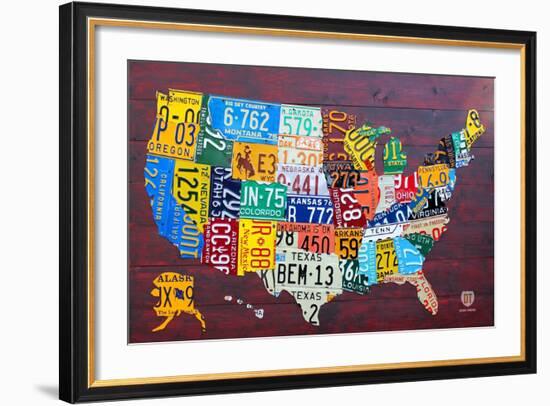 License Plate Map USA Large-Design Turnpike-Framed Giclee Print