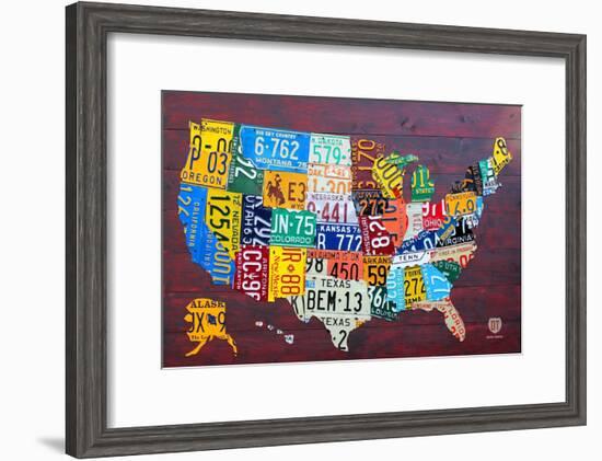 License Plate Map USA Large-Design Turnpike-Framed Giclee Print