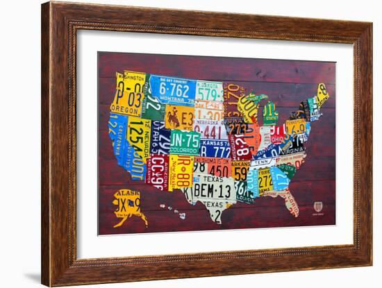 License Plate Map USA Large-Design Turnpike-Framed Giclee Print