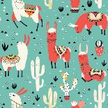 Llamas and Cactus on Green Background-Lidiebug-Art Print