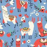 Llamas and Flowers on Blue Background-Lidiebug-Art Print