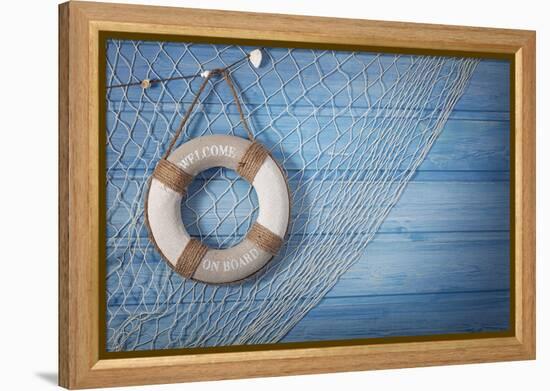 Life Buoy Decoration on Blue Shabby Background-egal-Framed Premier Image Canvas