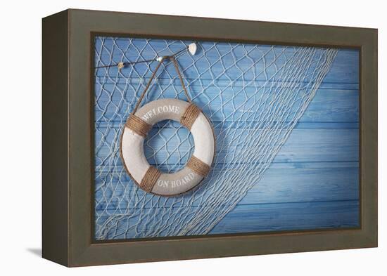 Life Buoy Decoration on Blue Shabby Background-egal-Framed Premier Image Canvas