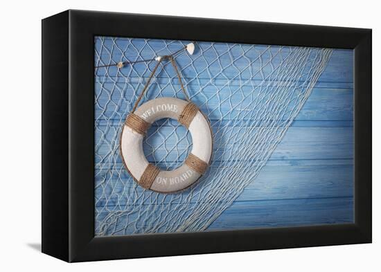 Life Buoy Decoration on Blue Shabby Background-egal-Framed Premier Image Canvas