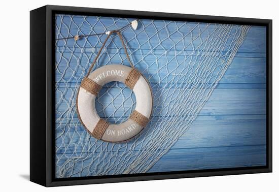 Life Buoy Decoration on Blue Shabby Background-egal-Framed Premier Image Canvas