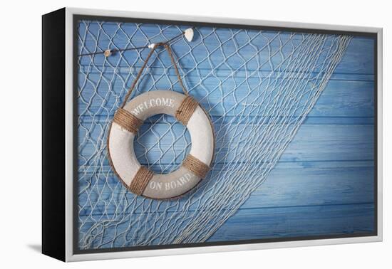 Life Buoy Decoration on Blue Shabby Background-egal-Framed Premier Image Canvas